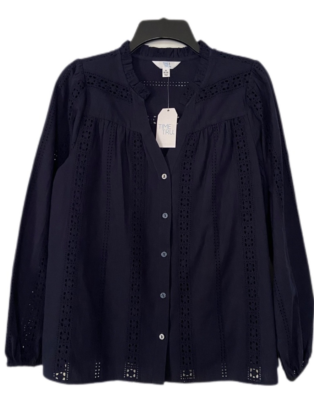 Time and Tru 2 Piece Navy Eyelet Button-Down Cotton Blouse